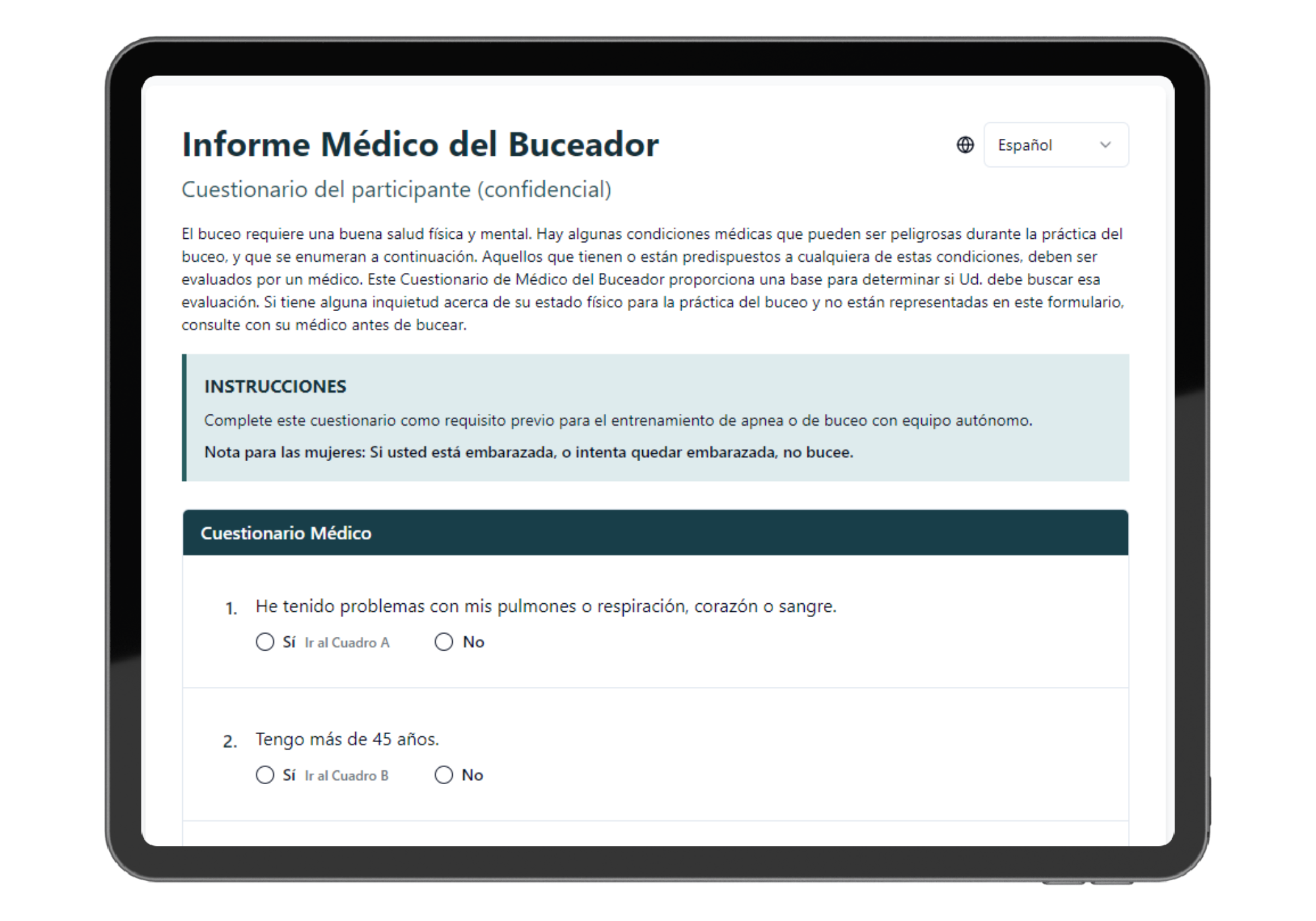 Formulario de buceo